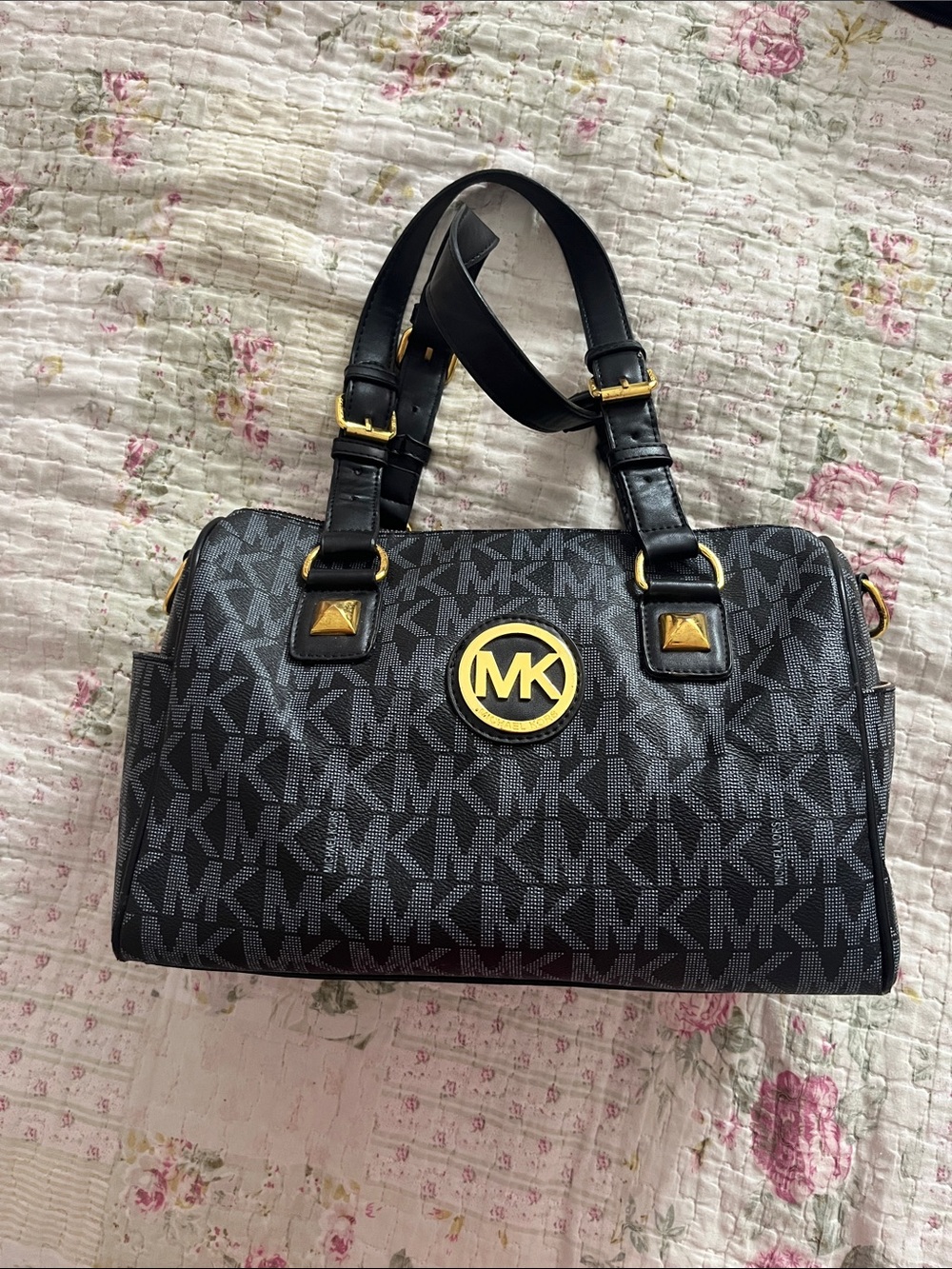 Michael Kors Black and Gold MK Logo Dome Satchel